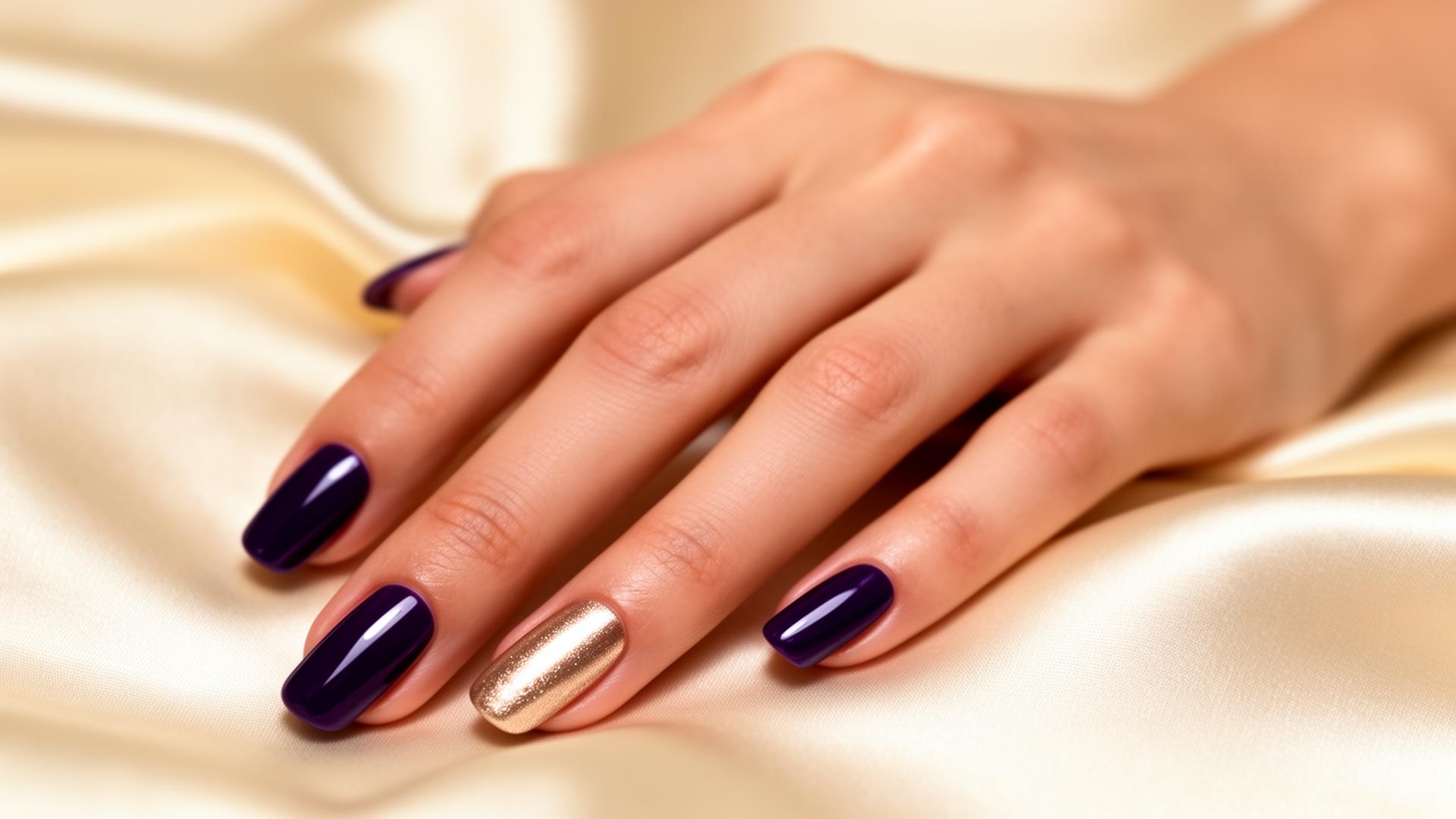 Luxury glossy purple manicure on cream silk